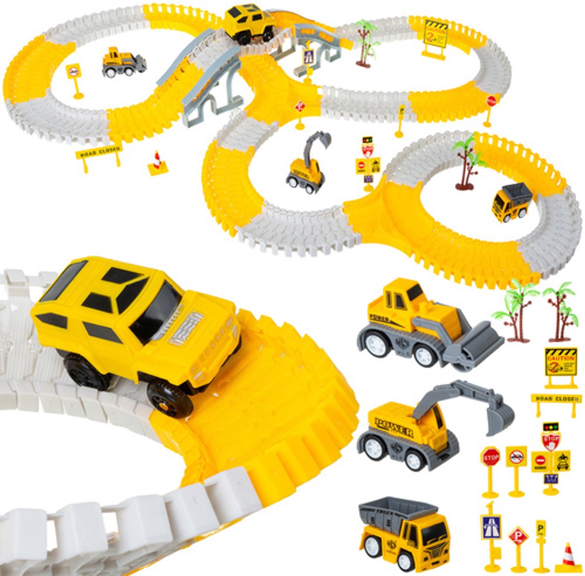 Speelset met Elektrische auto en Graafmachines | 255 delig | Bouw je eigen weg | Kliksysteem | Vele extras